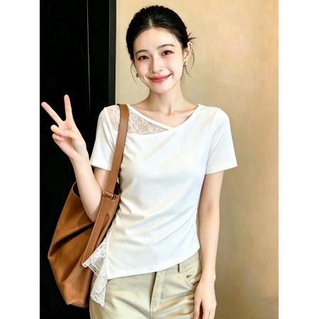 BY20801# 精棉夏季不规则褶皱拼接设计百搭上衣设计感短袖T恤 服裝批發女裝批發服飾貨源