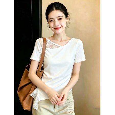 BY20801# 精棉夏季不规则褶皱拼接设计百搭上衣设计感短袖T恤 服裝批發女裝批發服飾貨源