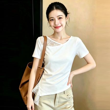 BY20801# 精棉夏季不规则褶皱拼接设计百搭上衣设计感短袖T恤 服裝批發女裝批發服飾貨源