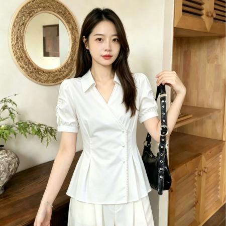 BY20804# 大码高级感V领泡泡袖衬衫女夏季微胖mm法式气质收腰裙摆上衣 服裝批發女裝批發服飾貨源