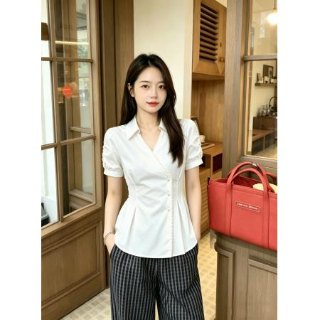 BY20804# 大码高级感V领泡泡袖衬衫女夏季微胖mm法式气质收腰裙摆上衣 服裝批發女裝批發服飾貨源