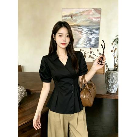 BY20804# 大码高级感V领泡泡袖衬衫女夏季微胖mm法式气质收腰裙摆上衣 服裝批發女裝批發服飾貨源