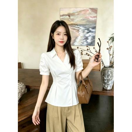BY20804# 大码高级感V领泡泡袖衬衫女夏季微胖mm法式气质收腰裙摆上衣 服裝批發女裝批發服飾貨源