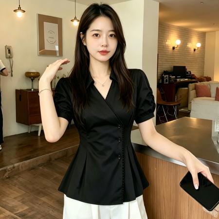 BY20804# 大码高级感V领泡泡袖衬衫女夏季微胖mm法式气质收腰裙摆上衣 服裝批發女裝批發服飾貨源