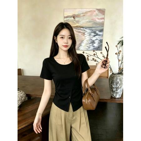 BY20806# 精棉夏季大码女装法式甜辣妹复古短袖t恤不规则纽扣上衣 服裝批發女裝批發服飾貨源