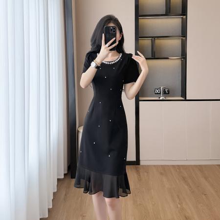 FA56896# 夏季钉钻重工拼接鱼尾显瘦优雅黑色连衣裙