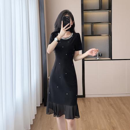 FA56896# 夏季钉钻重工拼接鱼尾显瘦优雅黑色连衣裙