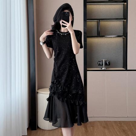 FA56897# 法式亮片连衣裙女夏季新款设计感收腰显瘦短袖鱼尾裙