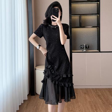 FA56897# 法式亮片连衣裙女夏季新款设计感收腰显瘦短袖鱼尾裙