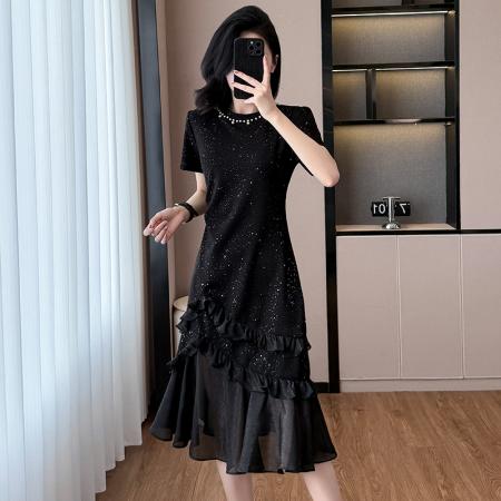 FA56897# 法式亮片连衣裙女夏季新款设计感收腰显瘦短袖鱼尾裙