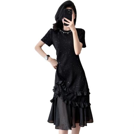 FA56897# 法式亮片连衣裙女夏季新款设计感收腰显瘦短袖鱼尾裙