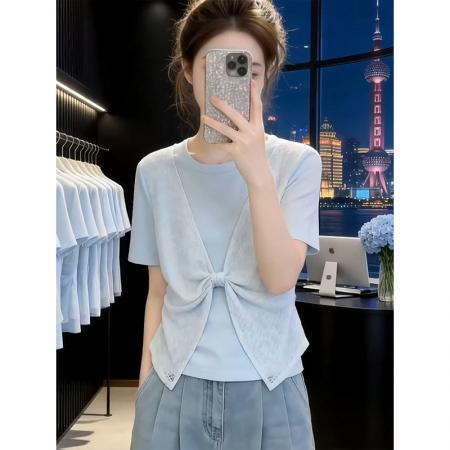 BY20808# 随心裁大码蓝色假两件拼接短袖T恤女新款胖mm上衣  服裝批發女裝批發服飾貨源