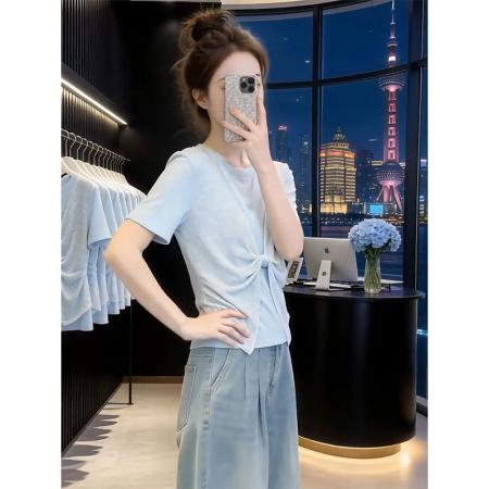 BY20808# 随心裁大码蓝色假两件拼接短袖T恤女新款胖mm上衣  服裝批發女裝批發服飾貨源