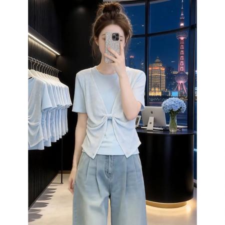 BY20808# 随心裁大码蓝色假两件拼接短袖T恤女新款胖mm上衣  服裝批發女裝批發服飾貨源