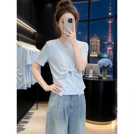 BY20808# 随心裁大码蓝色假两件拼接短袖T恤女新款胖mm上衣  服裝批發女裝批發服飾貨源