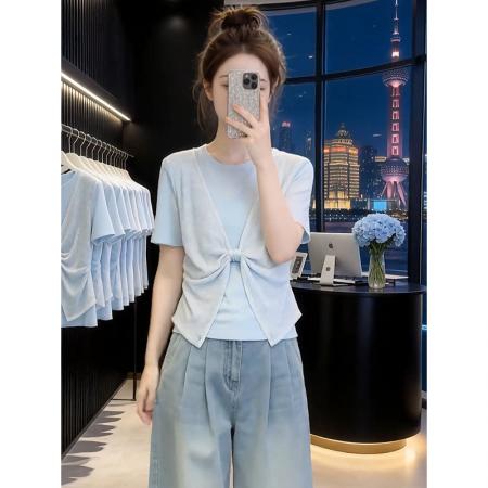 BY20808# 随心裁大码蓝色假两件拼接短袖T恤女新款胖mm上衣  服裝批發女裝批發服飾貨源
