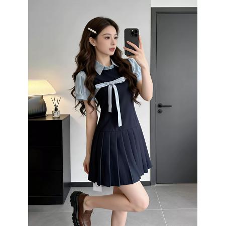 BY20810# 学院风气质撞色条纹连衣裙女装夏季新款漂亮出片减龄百褶短裙  服裝批發女裝批發服飾貨源