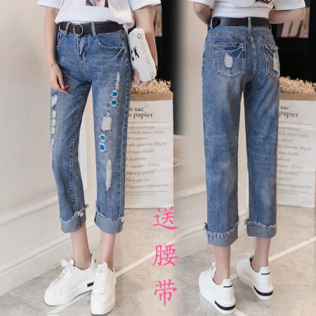 BY20821# 配腰带牛仔哈伦裤女夏季韩版高腰显瘦宽松磨破九分直筒裤  服裝批發女裝批發服飾貨源