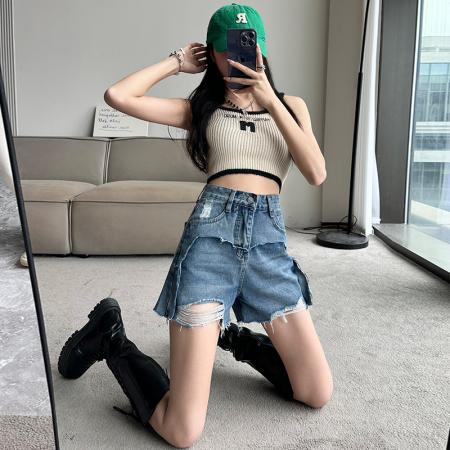 BY20828# 撞色设计磨破牛仔短裤女夏季韩版显瘦高腰毛边阔腿热裤潮  服裝批發女裝批發服飾貨源