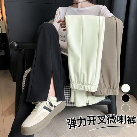 BY20833# 休闲垂感开叉微喇裤女春夏新款简约高弹松紧腰阔腿裤长裤  服裝批發女裝批發服飾貨源