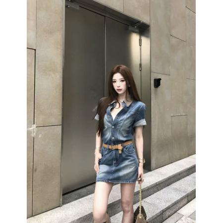 BY20844# 复古港风翻领拼接牛仔裙子女春夏编织领连衣裙显瘦设计感时尚  服裝批發女裝批發服飾貨源