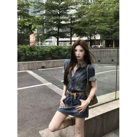 BY20844# 复古港风翻领拼接牛仔裙子女春夏编织领连衣裙显瘦设计感时尚  服裝批發女裝批發服飾貨源