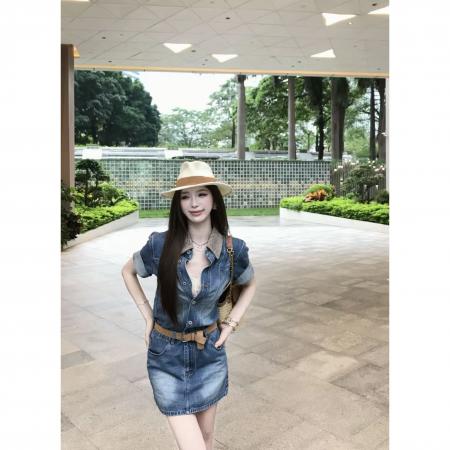 BY20844# 复古港风翻领拼接牛仔裙子女春夏编织领连衣裙显瘦设计感时尚  服裝批發女裝批發服飾貨源