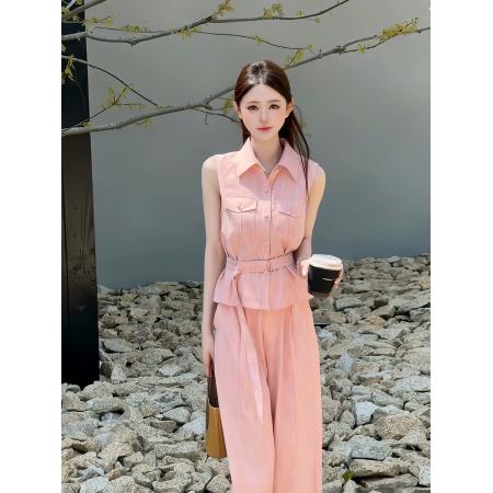 BY20845# 极简粉色无袖衬衫阔腿裤套装女夏季新款老钱风收腰时尚减龄两件套  服裝批發女裝批發服飾貨源