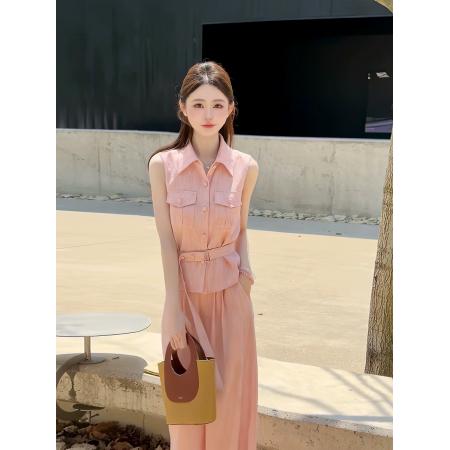 BY20845# 极简粉色无袖衬衫阔腿裤套装女夏季新款老钱风收腰时尚减龄两件套  服裝批發女裝批發服飾貨源