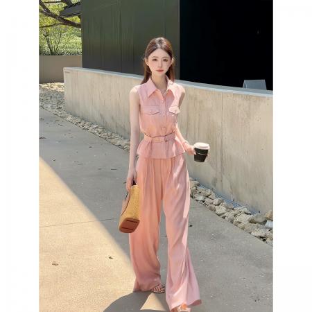 BY20845# 极简粉色无袖衬衫阔腿裤套装女夏季新款老钱风收腰时尚减龄两件套  服裝批發女裝批發服飾貨源