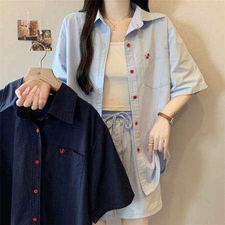 BY20848# 大码胖MM新款设计感小马刺绣上衣+短裤套装遮肉显瘦两件套  服裝批發女裝批發服飾貨源