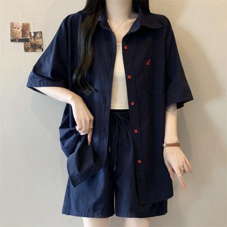 BY20848# 大码胖MM新款设计感小马刺绣上衣+短裤套装遮肉显瘦两件套  服裝批發女裝批發服飾貨源