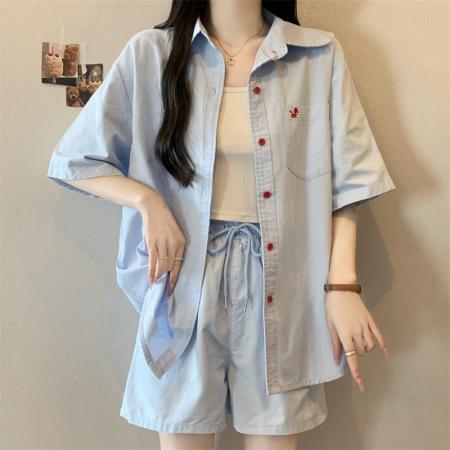 BY20848# 大码胖MM新款设计感小马刺绣上衣+短裤套装遮肉显瘦两件套  服裝批發女裝批發服飾貨源