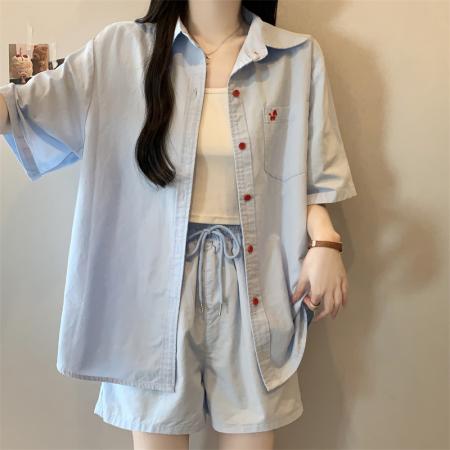 BY20848# 大码胖MM新款设计感小马刺绣上衣+短裤套装遮肉显瘦两件套  服裝批發女裝批發服飾貨源