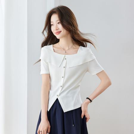 BY20856# 千金风设计感方领T恤女夏季短袖时尚独特漂亮的修身短上衣  服裝批發女裝批發服飾貨源