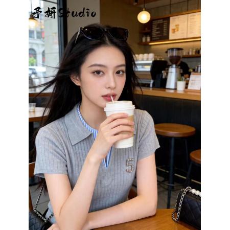 BY20859# 夏季新款学院风翻领短袖针织衫女假两件百搭减龄上衣灰色T恤  服裝批發女裝批發服飾貨源