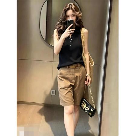 BY20860# 休闲通勤两件套女夏季无袖POLO领黑色针织背心卡其色短裤显瘦  服裝批發女裝批發服飾貨源