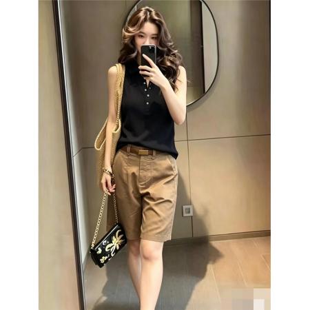 BY20860# 休闲通勤两件套女夏季无袖POLO领黑色针织背心卡其色短裤显瘦  服裝批發女裝批發服飾貨源