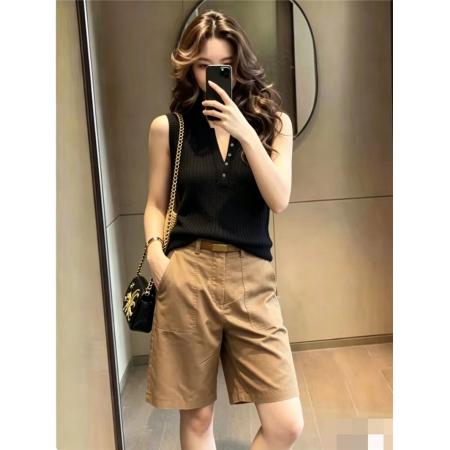 BY20860# 休闲通勤两件套女夏季无袖POLO领黑色针织背心卡其色短裤显瘦  服裝批發女裝批發服飾貨源
