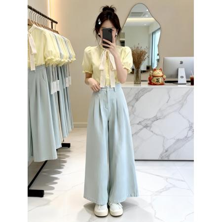 BY20866# 夏日穿搭一整套女新款韩系气质系带泡泡袖衬衫上衣阔腿裤两件套装  服裝批發女裝批發服飾貨源