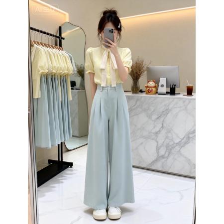 BY20866# 夏日穿搭一整套女新款韩系气质系带泡泡袖衬衫上衣阔腿裤两件套装  服裝批發女裝批發服飾貨源