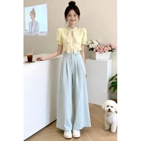BY20866# 夏日穿搭一整套女新款韩系气质系带泡泡袖衬衫上衣阔腿裤两件套装  服裝批發女裝批發服飾貨源