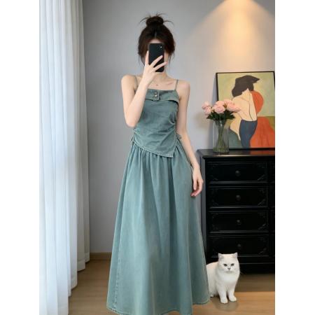 BY20867# 独特漂亮绝美小套装女夏季新款不规则牛仔吊带高腰半身裙子两件套  服裝批發女裝批發服飾貨源