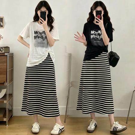 BY20872# 大码女装夏季新韩版百搭字母上衣+条纹吊带连衣裙两件套  服裝批發女裝批發服飾貨源