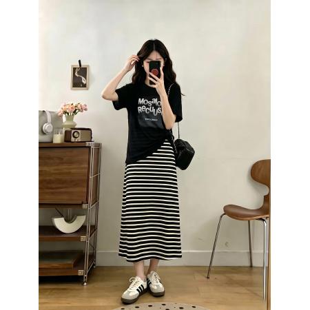 BY20872# 大码女装夏季新韩版百搭字母上衣+条纹吊带连衣裙两件套  服裝批發女裝批發服飾貨源
