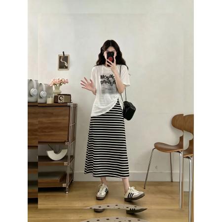 BY20872# 大码女装夏季新韩版百搭字母上衣+条纹吊带连衣裙两件套  服裝批發女裝批發服飾貨源