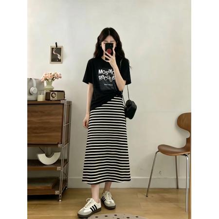 BY20872# 大码女装夏季新韩版百搭字母上衣+条纹吊带连衣裙两件套  服裝批發女裝批發服飾貨源