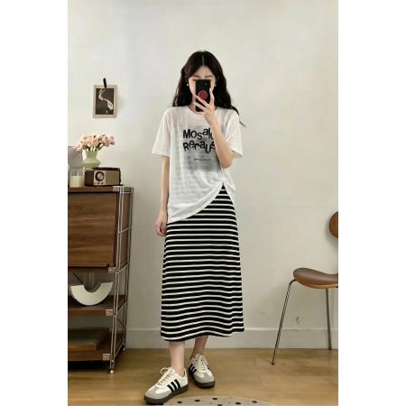 BY20872# 大码女装夏季新韩版百搭字母上衣+条纹吊带连衣裙两件套  服裝批發女裝批發服飾貨源