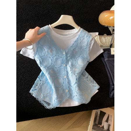 BY20873# 钩花镂空背心叠穿T恤两件套女夏日新款穿搭上衣  服裝批發女裝批發服飾貨源