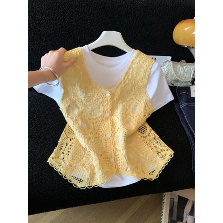 BY20873# 钩花镂空背心叠穿T恤两件套女夏日新款穿搭上衣  服裝批發女裝批發服飾貨源